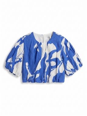 Reserved Linen Blend Crop Top Blue White Balloon Sleeve Coastal Medium